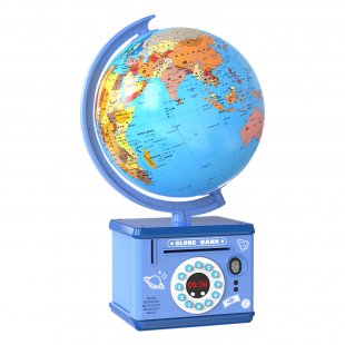 Children Globe Shape Piggy Bank Password Money Box Cash Coin Savings Box with Night Light Music Blue
