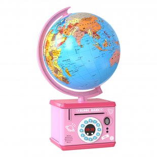 Children Globe Shape Piggy Bank Password Money Box Cash Coin Savings Box with Night Light Music Pink