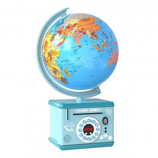 Children Globe Shape Piggy Bank Password Money Box Cash Coin Savings Box with Night Light Music Cyan